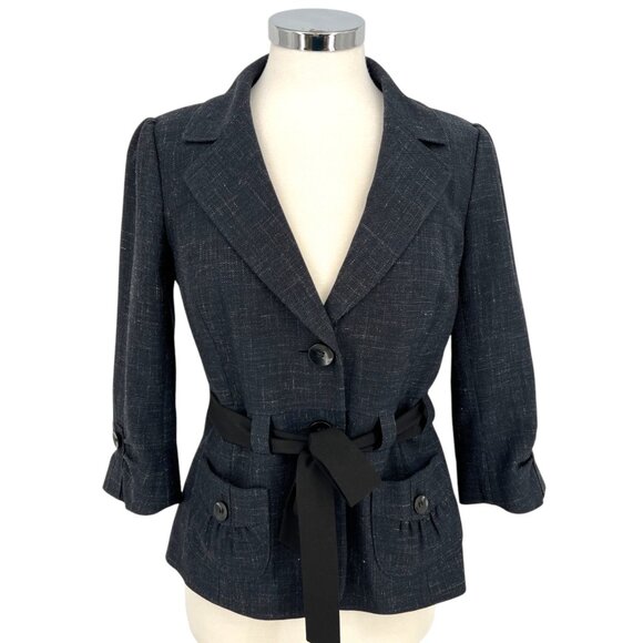 Classiques Entier Wool Linen Tie Waist Blazer Jacket Navy Blue Size 6 - Picture 1 of 14